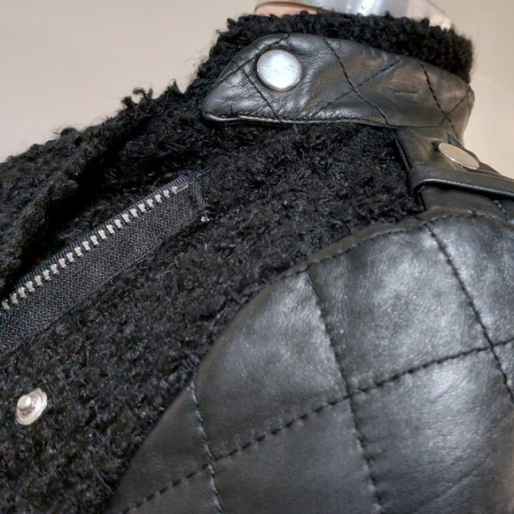💥EDGY CHIC💥QUILTED LAMBSKIN LEATHER SLEEVES MOHAIR MOTO COAT in BLACK - Picture 11 of 16